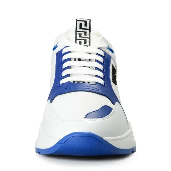 Versace Men's White & Blue Canvas Leather Logo Sneakers Shoes